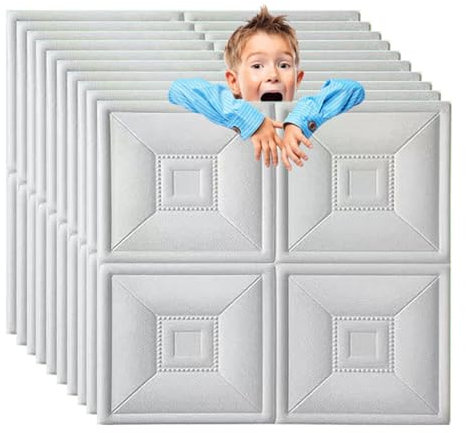 Peel and Stick White Brick Wallpaper for Kitchen Waterproof Self Adhesive Ceiling Tiles Modern Style 3D Foam Wall Covering Background Decoration Paneling (20 Pcs)