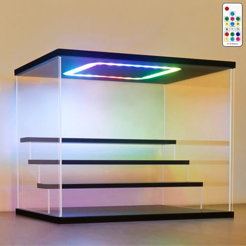 NONEMEY Vitrine pour Collection en Acrylique Transparente avec Éclairage LED RVB Télécommandé – Présentoir Anti-Poussière 2/3/4/5/6 Niveaux pour Figurines et Lego (Noir, 4Tier-31.5x24.5x26.5cm)