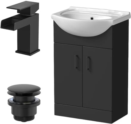 Affine® 560mm Bathroom Vanity Unit Ceramic Sink Floorstanding Storage Cabinet Cupboard & Black Waterfall Basin Tap & Waste Set, Matt Black