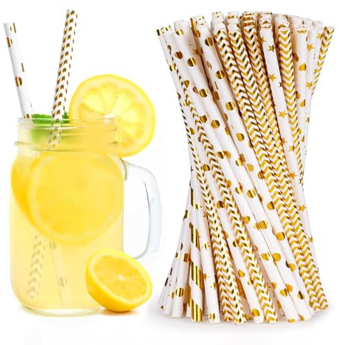 Papiestrohhalme zum Trinken, 300 Stück Gold Bunte Papierstrohhalme, Trinkhalme aus Papier 19,7 cm, Bunte Cocktail Strohhalme Trinkhalme Biologisch Abbaubare für Cocktails Kalte Getränke und Säfte