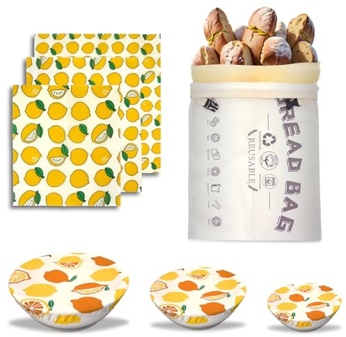 HAMZA Beeswax Bread Bags for Sourdough/Beeswax Wraps for Food/Bowl Covers for Proofing, 7-in-1 Reusable Sourdough Starter Kit Baking Supplies for Homemade Bread Making and Fresh Storage (Lemon)