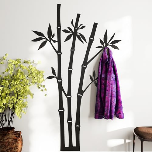 Appendiabiti da parete design albero Bambù | Appendiabiti ingresso moderno con 6 ganci | Attaccapanni da muro moderno metallo nero | appendiabiti da parete con pannello | Appendi abiti per muro 175cm
