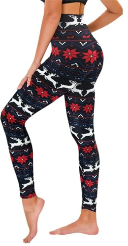 TNNZEET High Waist Leggings Damen Elastische Leggins Weiche Sporthose für Sport Gym, Schwarz-Rot Schneeflocken-Muster, S-M