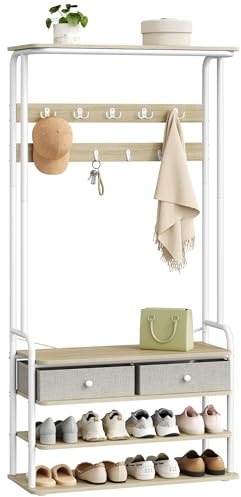 Hzuaneri Garderobenständer, Garderobe mit Schuhregal, 2 Schubladen aus Stoff, 9 Haken, Freistehender Kleiderständer für Flur, Eingang, Schlafzimmer, 30 x 80 x 180 cm, Eichenfarben-Weiß, HT20116W