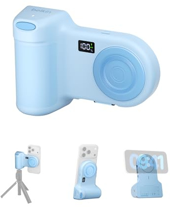 Belkin Stage PowerGrip, Magnetic Wireless Charging Camera Grip 9300mAh, Power Bank with Retractable USB C Cable, Bluetooth Connection, Tripod Attachment, LCD Screen, Portable Charger for iPhone, Pixel