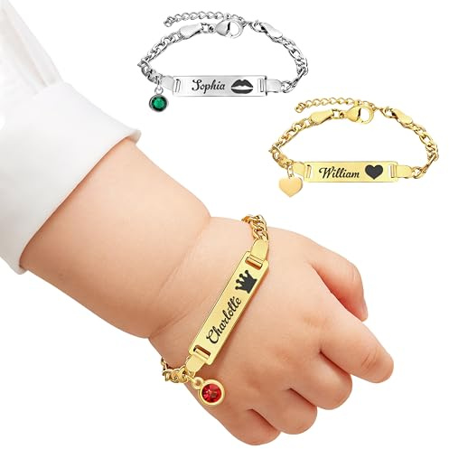 UIDMEN Braccialetto personalizzato per neonati, placcato oro 18 carati, con nome e pietra portafortuna, lunghezza regolabile, regalo per nascita, battesimo per neonati e genitori