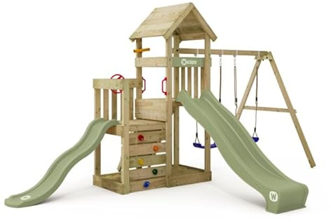 Wickey Skyflyer 120 & 90 - Torre da gioco con scivolo verde pastello e telo verde pastello, per il giardino