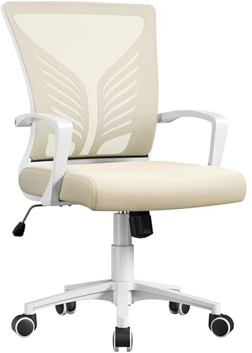 Yaheetech Ergonomic Office Chair Height Adjustable Swivel Desk Chair Beige | Mesh Backrest, Rolling, Easy Assembly, Executive Office Chair with Lumbar Support Comfy for Home Office/Study