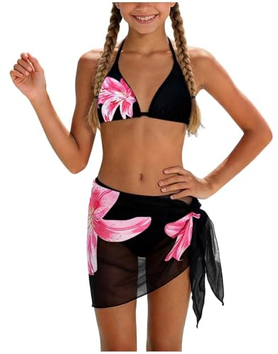 Maillot de Bain Adolescente Filles 3 Pièces Haut Bikini Triangle Floral Slip et Jupe Natation Imprimé Floral Ensemble Stylé Pratique pour Plage Piscine Sorties Aquatiques