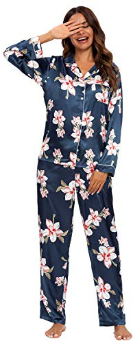 GOSO Pijama de satén para Mujer con Botones de Seda de Manga Larga y Pantalones Ropa de Dormir Conjuntos Pijama para Mujer