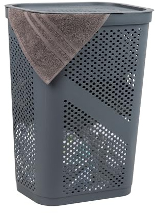 Mind Reader Slim Laundry Hamper with Lid, 60L Clothes Basket, Ventilated Plastic, Gray