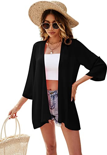 Ietaoo Gilet Long Femme Été Kimono Cardigan Mousseline de Soie Cardigan de Plage Bohème 3/4 Manches Léger Cache-Maillots Plage Veste
