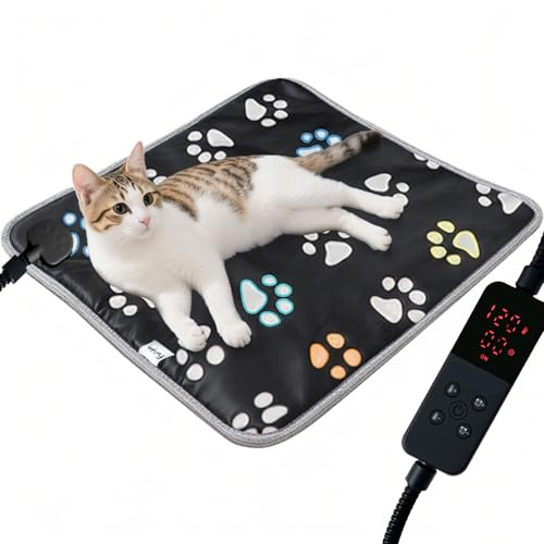 Furrybaby Pet Heating Pad, Waterproof Dog Heating Pad Mat for Cat with 5 Level Timer and Temperature, Pet Heated Warming Pad with Durable Anti-Bite Tube Indoor for Puppy Dog Cat (Black Paw, 45 X 45CM)