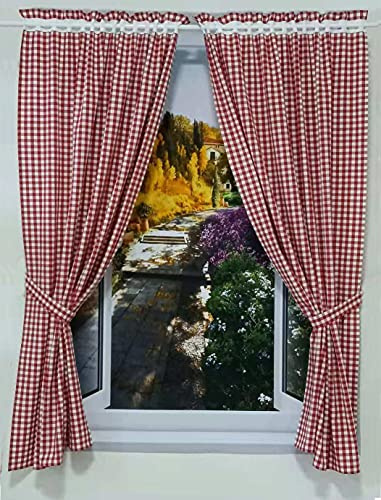Yaland Tende con Motivo a Quadri, Stile Casa di Campagna, Dimensioni a Quadri 1 x 1 cm, Tenda per Soggiorno con Nastri (A x L 80 x 80 cm, Rosso) Confezione da 2