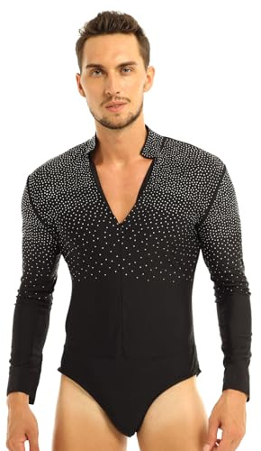 inlzdz Costumi Prestazioni Uomo Camicia da Latino Moderno Slim Fit Vestito con Strass Danza Uomo Body da Ballo Tango Samba Rumba Pratica Prestazione Nero L