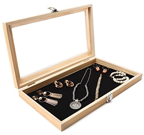 Belle Vous Boite a Bijoux en Bois Naturel avec Couvercle en Acrylique Transparent - l38 x P21,5 cm - Boîte à Bijoux pour Boucles d’Oreilles, Bagues, Colliers, Médailles & Plus