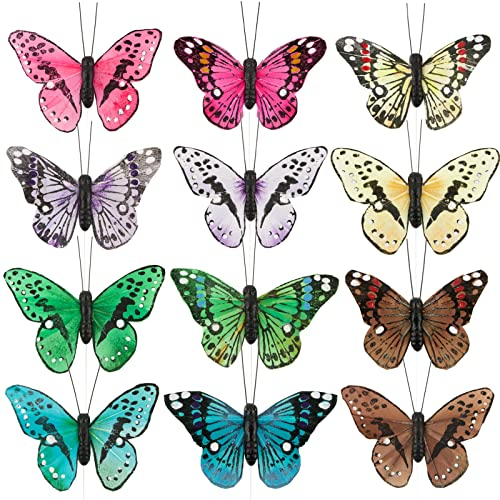 BETESSIN 12Pcs Schmetterlinge Deko mit Draht 3D Bunt Schmetterling Dekoration Tisch Torte DIY Geschenkverpackung Ostern Hochzeit Party Zimmer Dekoration Kuchendeko Fenster Wanddeko Gartendeko