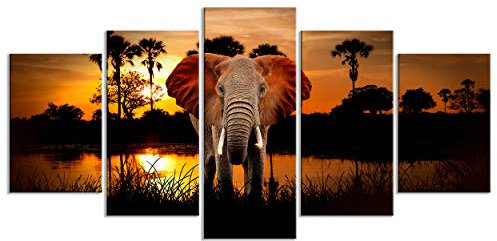 decomonkey - Tableau Acoustique elephant Animaux 225x112.5 5 Pièces - Impression sur Toile Décoration Déco Bureau Afrique lac nature palmiers paysage éléphants coucher de soleil animaux