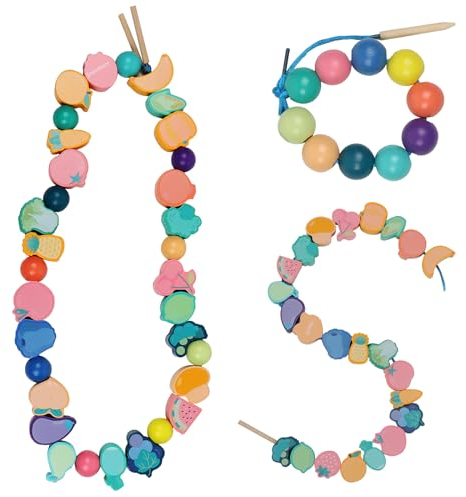 TRUEIN 33Pcs Montessori Holzspielzeug Fädelspiel, Holzperlen zum Auffädeln, Fädelspiel Pädagogisches Holz, Gemüse-Obst Perlen Fädelspiel Spielzeug für Mädchen und Jungen Geschenke