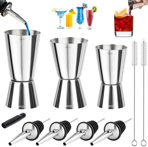 3 Pezzi Misurino Cocktail in Acciaio Inox, Dosatore Cocktail Misure Doppio 15/30 ml 20/40 ml 25/50 ml, Jigger Cocktail Graduato con 4 Versatore e 2 Spazzole per Gin, Vino, Bar, Bevande, Barista