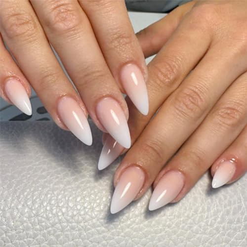Irikdescia 24 Stück Nägel zum Aufdrücken, Mandelfarbener, Natürlicher Sarg, zum Aufdrücken von Nägeln, Press on Nails, Ombre Künstliche Nägel (Weißer Farbverlauf Rosa)
