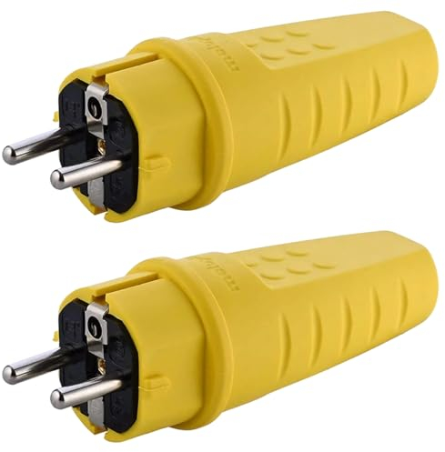 Spina in Gomma, Spina 230V, 16A, IP44, Spina Antirottura, Spina Impermeabile, Spina Schuko con Contatto di Terra, Spina Schuko, Spina con Contatto di Terra con Pressacavo, 2 Pezzi (Giallo)