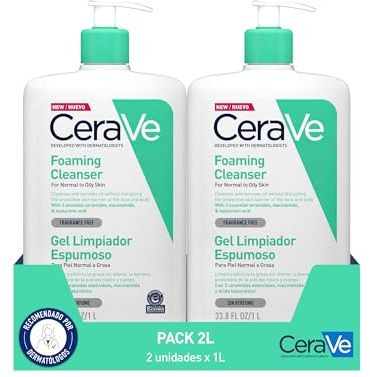 CeraVe Gel Limpiador Espumoso 2x 1 litro + muestra Cerave Facial 3ml, Para Piel Normal a Grasa, Elimina el Exceso de Grasa y Suciedad, Con Ceramidas, Niacinamida y Ácido Hialurónico, Rostro y Cuerpo