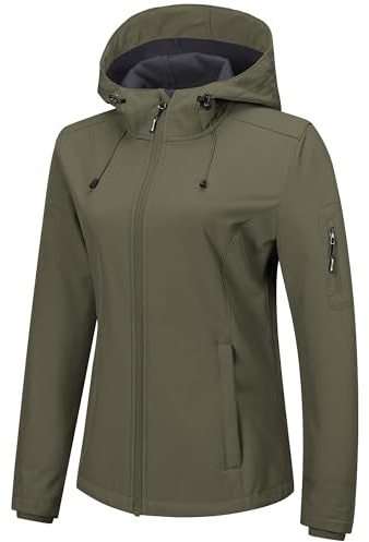 Outdoor Ventures - Chaqueta para mujer, impermeable, transpirable, softshell – Chaqueta para entretiempo, cortavientos, chaqueta funcional con capucha, verde oliva, M