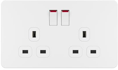 LIDER 2-Gang Switched 13A Socket, Double-Pole Plug Socket with Control Switches, Child-Proof Shutter, Screwless Plastic Plate Cover, UKCA Certified, Thermoplastic, Glossy Finish, White