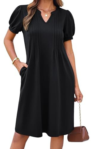 GRACE KARIN Casual Summer Short Sleeves Dress for Women UK Ladies Midi Cotton Dress with Pocket Black S