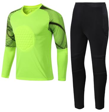 Nyeemya Kids Boys Goalkeeper Jersey and Pants Set Long Sleeve Goalie Padded Shirts Pants Soccer Uniform Kit Fluorescent Green 12-13 Years
