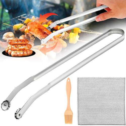 Pince à Saucisse BBQ,Pince Barbecue Roulette,Pince à Retourner les Saucisse,Pince Barbecue Inox à Roulettes,Pince Barbecue Rotative,Pour Cuisine,Barbecue