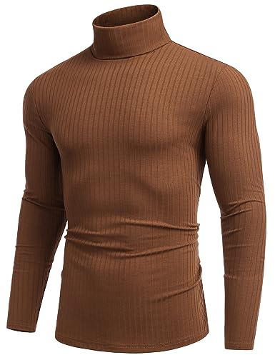 COOFANDY Pull à Col Roulé pour Homme T-Shirt à Manches Longues Chaud Casual Tricot Pulls Hiver Slim Fit Marron 3XL