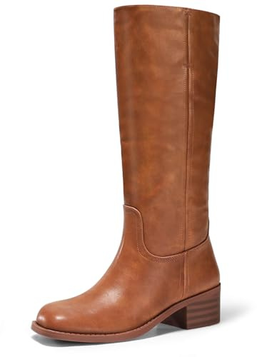 Coutgo Women's Knee High Boots Square Toe Chunky Block Heel Tall Boots Comfortable Low Heel Shoes, Red Brown, Size 8
