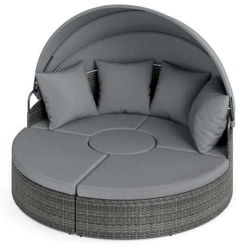 LIFEZEAL Transat Extérieur en Rotin Tressé à la Main, Bain de Soleil Rond avec Toit, Parasol Réglable avec Canapés, Table Basse, Coussins pour Balcon, Mer, Piscine (Gris)