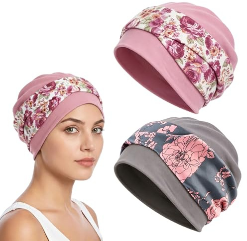 ZUIMEIHQH 2PCS Chemo Headwear for Women UK, Bohemian Floral Print Cross Turban Hat Stretchy Soft Headwrap Beanie Cap for Chemo Hair Loss (Pink+Grey)