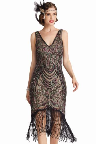 BABEYOND Flapper Dresses 1920s V Neck Beaded Fringed Great Gatsby Dress (Black Apricot, S)