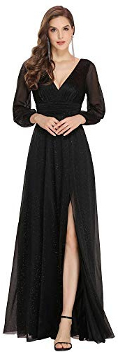 Ever-Pretty Vestiti da Cerimonia Donna Elegante Manica Lunga Scollo a V Abiti da Ballo Stile Impero Brillantini Nero 46