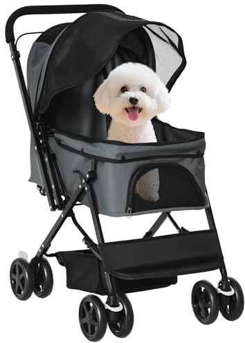 PawHut Carrito para Perros Plegable Cochecito para Perros Pequeños Cochecito para Mascotas con Mango Reversible Ventana de Malla Cesta y Cuerda de Seguridad Carga 10 kg 76,5x52x95 cm Gris