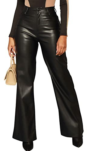 hibshaby Black Leather Pants, Women's Faux Leather High Waisted Straight Leg Long Pants Zipper Fly Pu Trousers Black XL
