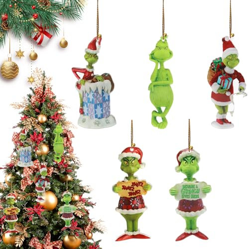 GAROMIA Grin-ch Deko Weihnachtsdekorationen 5 Grin-ch Deko Teiliger Acryl Anhänger Weihnachtsbaumschmuck Anhänger Hängende für Weihnachtsbaum Heimdekorationen Hängende Ornament