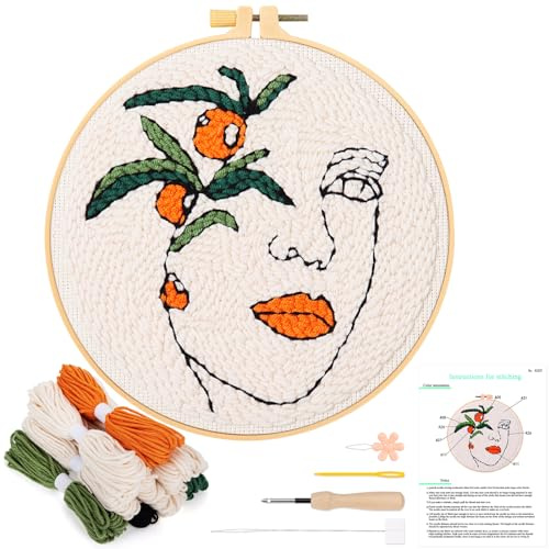 JSRQT Punch Needle Ricamo Starter Kit, Kit Ricamo con Ago da Punzonatura con Motivo Donna e Fiore, DIY Completo Punch Needle Embroidery Kit per Principianti Adulti con Set di Strumenti e Istruzioni