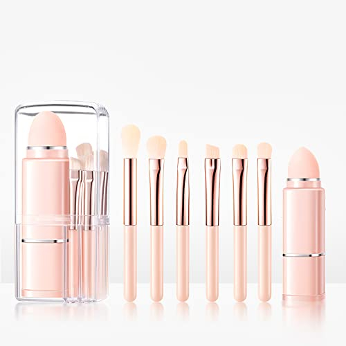 8 Piezas Set de Brochas de Maquillaje, portátil Pinceles de Maquillaje para polvos, colorete, correctores, ojos, viajes, brochas de maquillaje pequeñas multifuncionales con estuche (naranja)