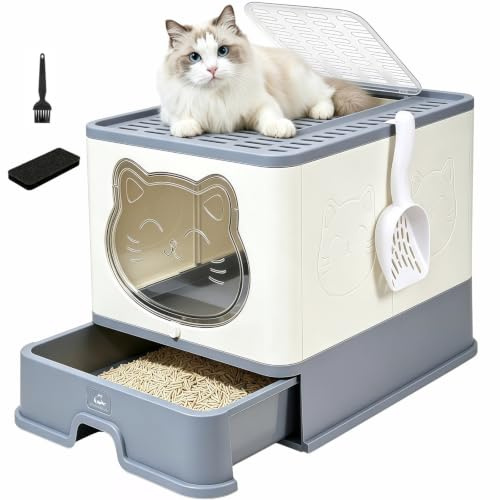 HelloMiao Hooded Fully Enclosed Cat Litter Tray with Drawer, Extra Large Odor Control Indoor Litter Box, Privacy Covered Toilet with Scoop for Cats Under 17.6Ib(8kg) graywhite