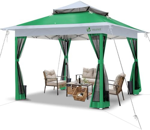 VOUNOT® Carpa Plegable Gazebo 3.6x3.6m con Botón Central y Laterales de Malla, Cenador Pabellón Pop Up de Jardín Techo Doble y Bolsas de Arena, Protección UV, para Camping, Fiestas, Exterior, Verde