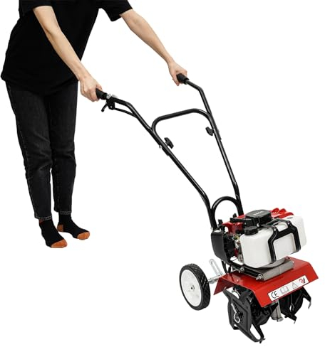 52CC Gartenfräse Benzin,2-Takt 1900W Benzin Gartenfräse Motorhacke Radantrieb Ackerfräse Bodenfräse Kultivator 6500–7000 U/min für landwirtschaftliche Betriebe Obstgärten und Gärten