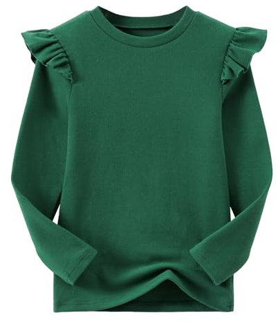 Ugitopi Girls Long-Sleeve Cotton T-Shirt with Ruffled Sleeves – Comfortable Crew-Neck Tee for Everyday Wear (Dark Green, 100)