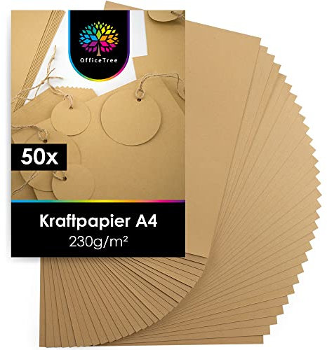 OfficeTree 50x Kraftpapier A4 230g - Craftpapier A4 - Kartonpapier zum Basteln Hochzeit Einladungen, Menükarten - Kartonpapier A4 - Braunes Papier A4 - Craft Papier zum Drucken und Schreiben