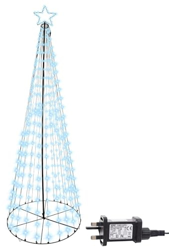 4.6FT Cone Tree Maypole Christmas Tree Star Tree Topper 8 Modes/Timer/Memory Cool White Micro LEDs Lights Pyramid Mains Operated Indoor/Outdoor Decorations