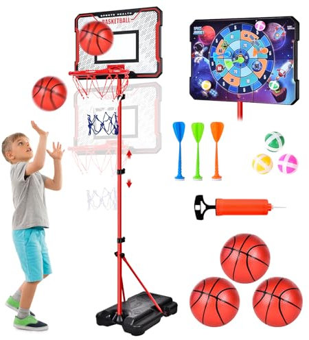 Herenear Basketballkorb für Kinder, Höhenverstellbar 107-193cm, Tragbar Indoor Outdoor, Kinderspielzeug Basketball Hoop mit Darts Target, Bällen, Pumpe, Geschenk für Jungen Mädchen ab 3-8 Jahren